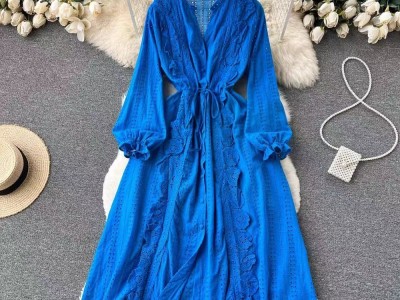 Elegant French Korean V Neck Long Sleeve Dress for Women – Belted, Flowy, Single-Breasted Solid Midi Dress图2